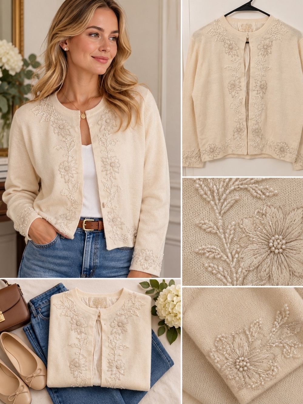 Vintage House of Gold Angora Wool Beaded Floral Cardigan Sweater Size 42